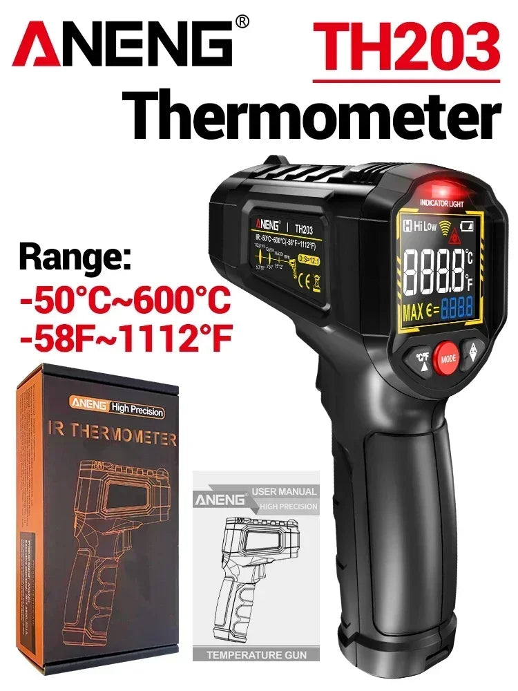 Black ANENG TH203 infrared thermometer device and box with a temperature gun shown.