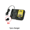 A black DCB112 battery charger with a cable and an EU certification mark is shown.