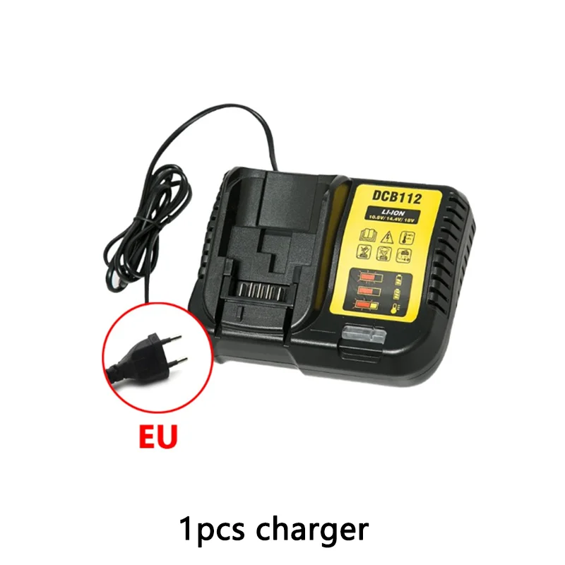 A black DCB112 battery charger with a cable and an EU certification mark is shown.