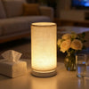 A retro style table lamp with a fabric shade emitting a warm glow on a light-colored surface.