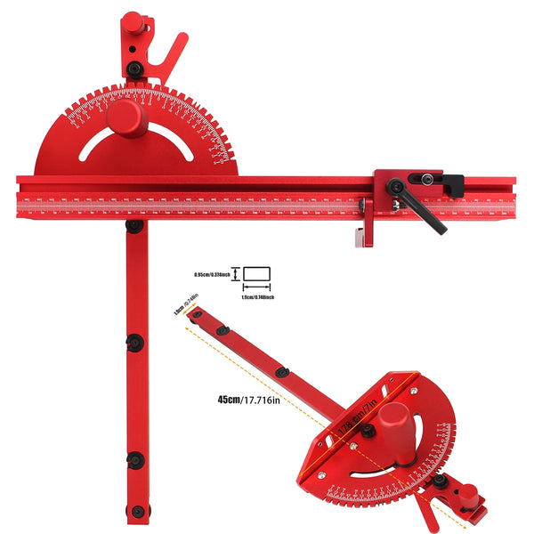 Red precision miter gauge with a sliding blade and measuring scale for woodworking