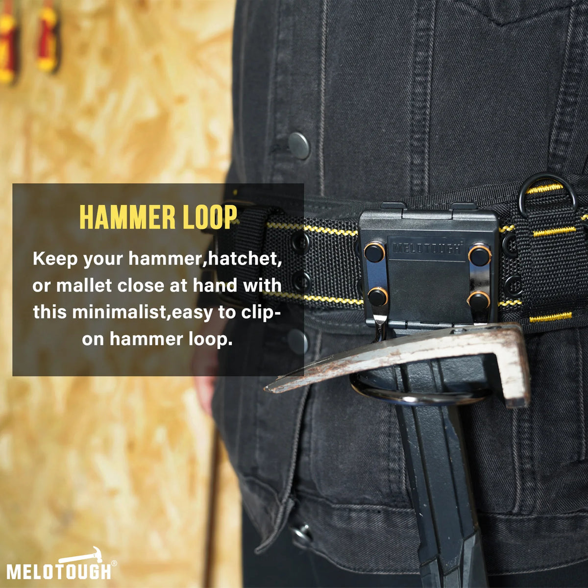 A close-up of a black belt featuring a minimalist hammer loop designed to keep a hammer or mallet close at hand.