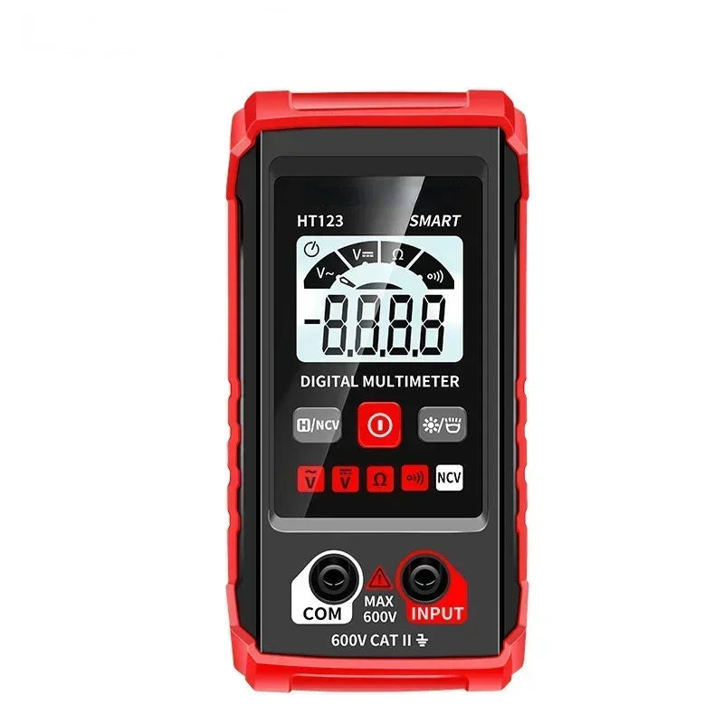 A red digital multimeter with a black display and buttons is shown against a white background.