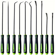 A set of black precision hook and pick tools with green grips displayed vertically.