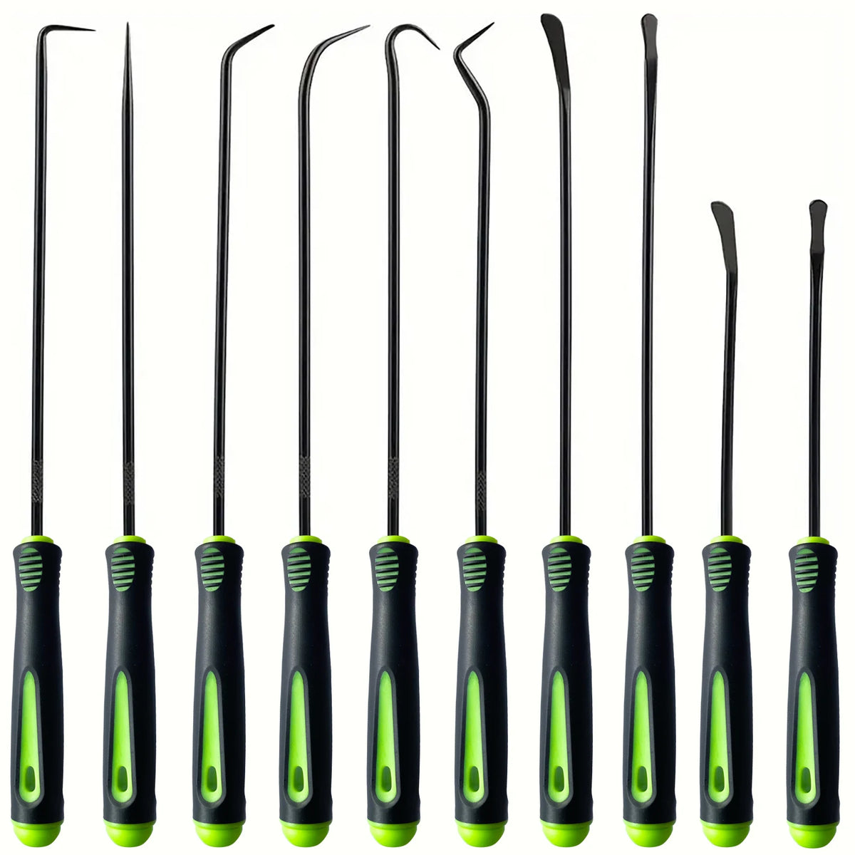A set of black precision hook and pick tools with green grips displayed vertically.