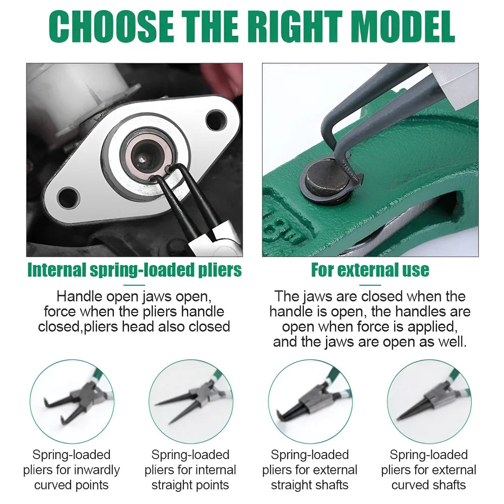 Various models of spring-loaded pliers for internal and external use, including curved and straight shafts.