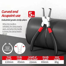 A pair of black and silver curved end circlip pliers with a red handle shown against a dark background.