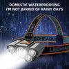 A black LED headlamp with five bright lights is shown against a dark background, emphasizing its waterproof capability.