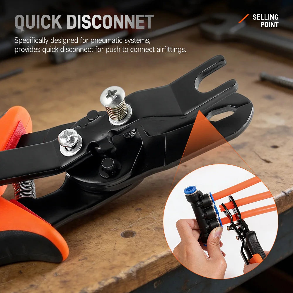A black pneumatic disconnect tool is shown with a close-up view of its function on a wooden surface.