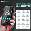 A hand holds a black Mastfuyi mini digital multimeter displaying 226.7V with various function buttons.