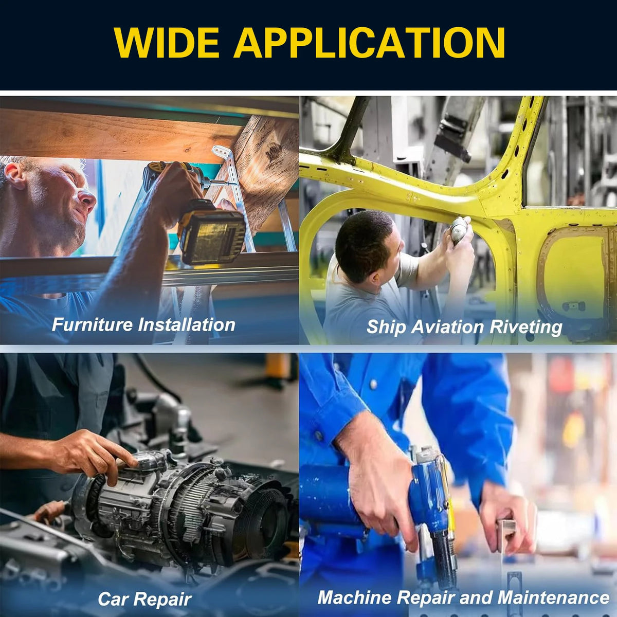 A collage showing various applications of pop rivets including furniture installation, ship riveting, car repair, and machine