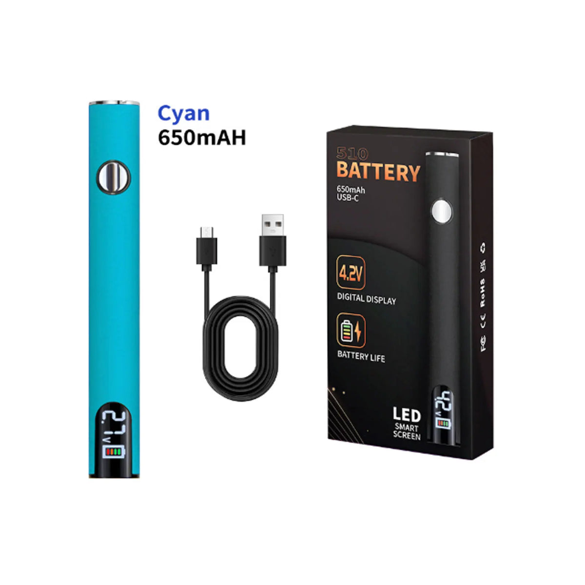 A cyan 650mAh battery and a black battery pack with a digital display and LED smart screen for a portable soldering iron kit.