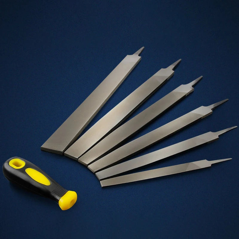A set of precision T12 high carbon steel flat files with a yellow handle displayed on a dark blue background.
