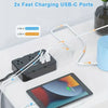 A multi-port surge power strip with two fast charging USB-C and USB-A ports connected to a tablet.