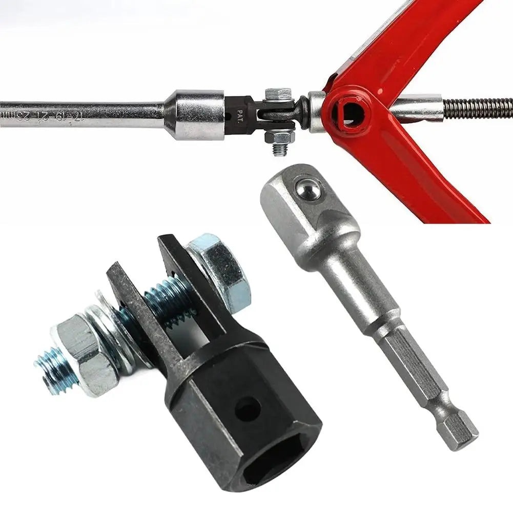 A chrome vanadium steel scissor jack adapter with a red lever and a metal fitting.