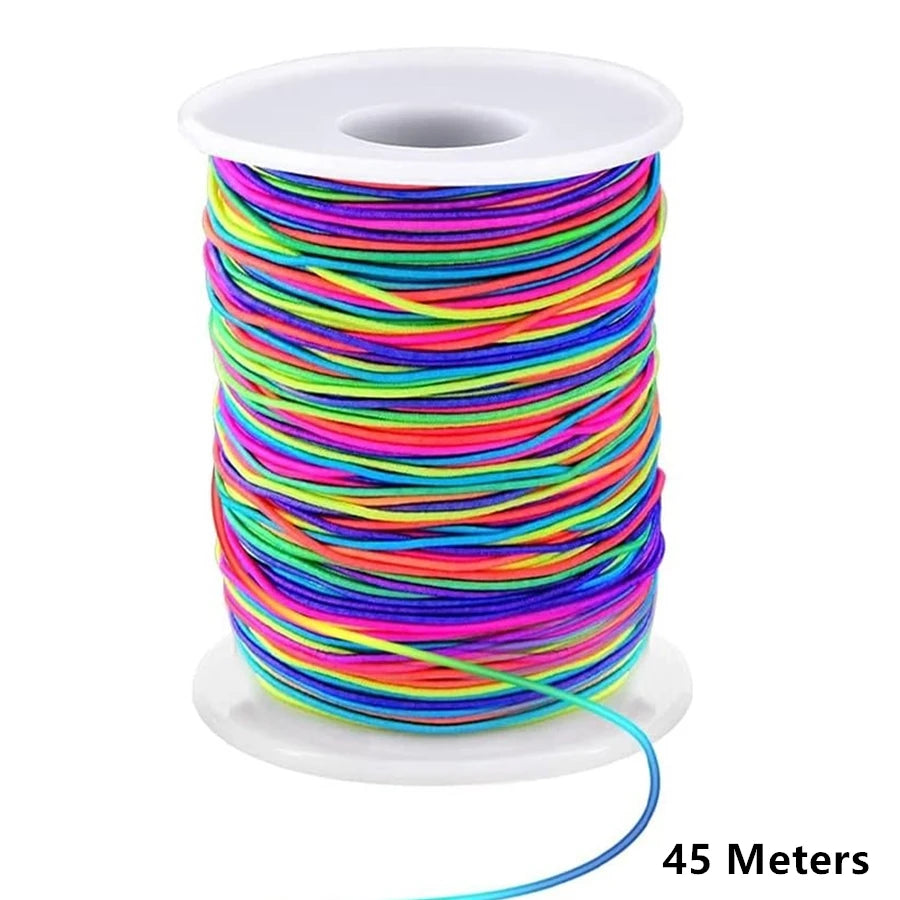 A spool of 45 meters of 1mm stretchy rainbow elastic cord for jewelry making