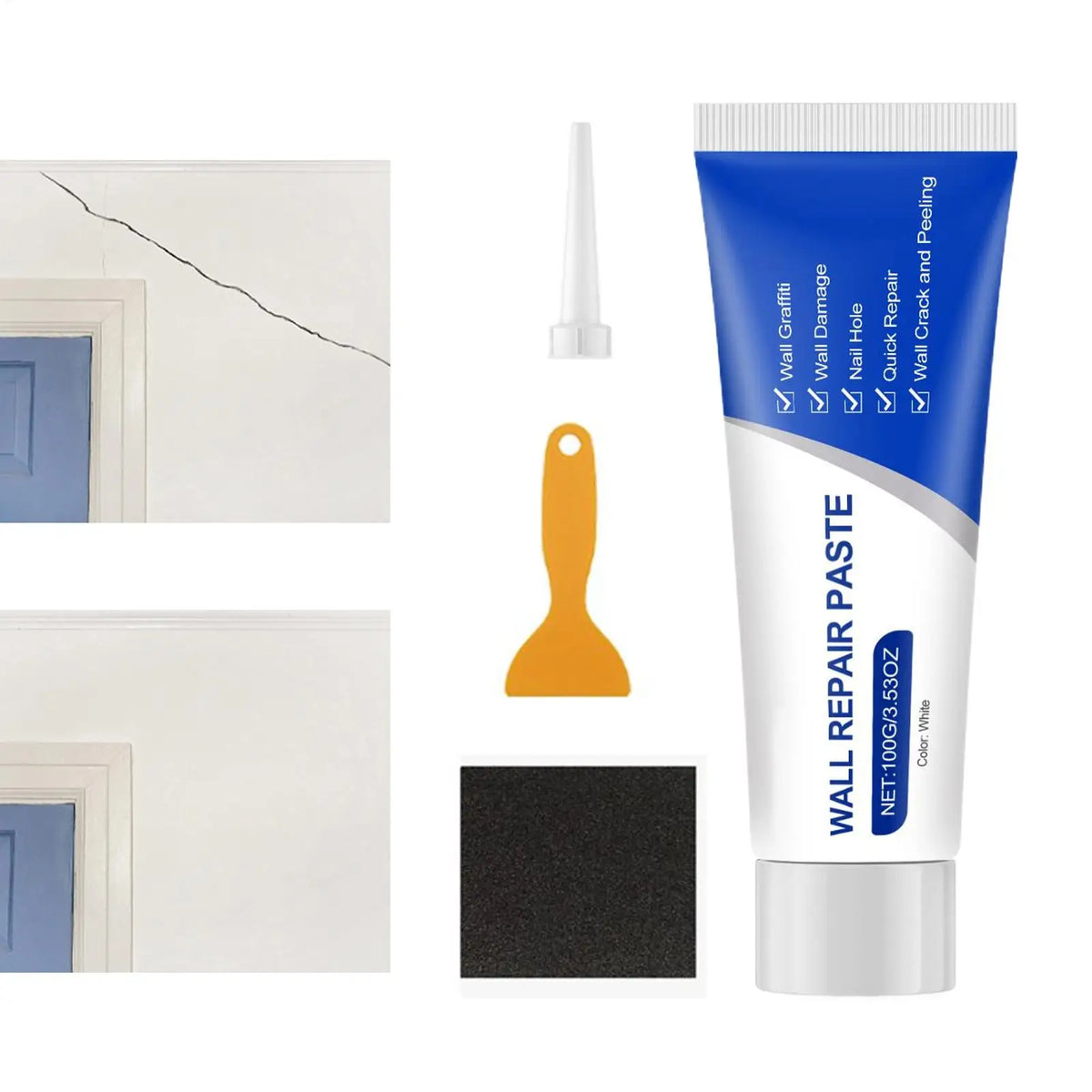 Tube mit Reparaturpaste für Wände, Applikator und schwarzer Füllstoff für Risse und Löcher in Gipskarton