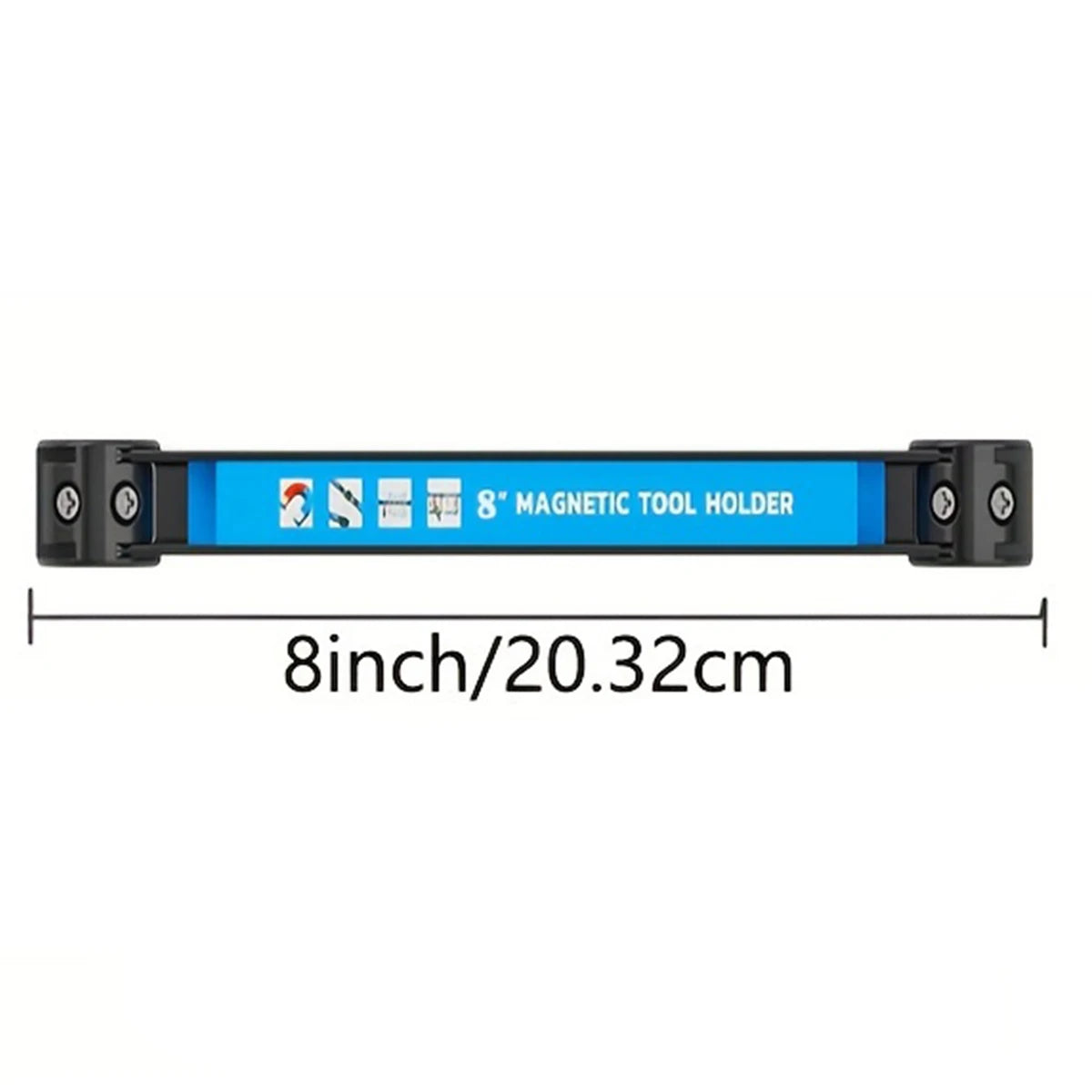 An 8 inch magnetic tool holder with a black and blue design.