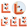 Set of orange 90 degree precision corner clamps for woodworking with various sizes and angles