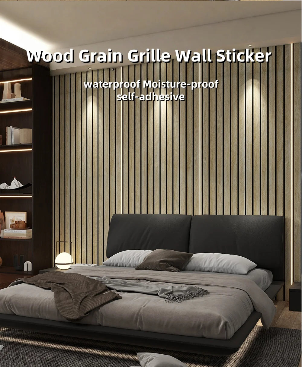 A bedroom wall decorated with vertical wood grain stickers, featuring a bed and dark wood shelving.