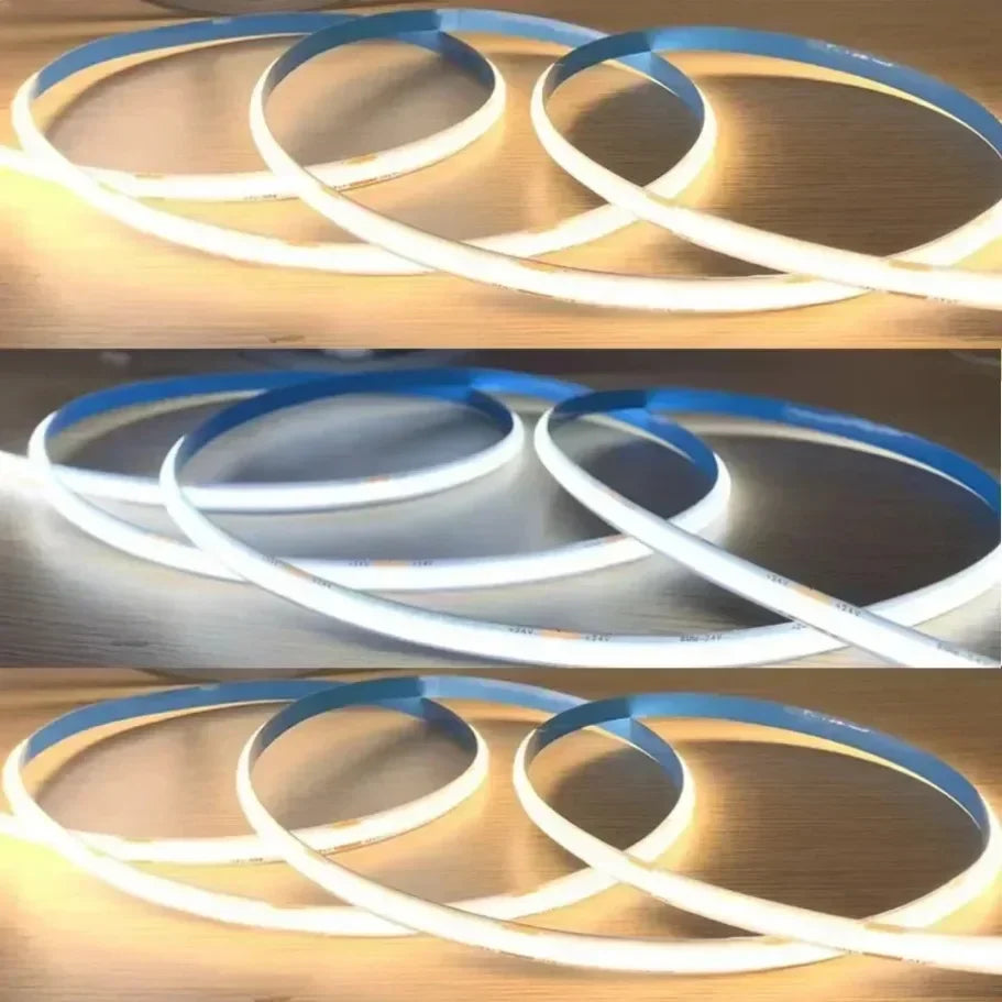 لقطة مقربة لشريط إضاءة LED قابل للتعتيم أبيض وأزرق ملفوف على شكل دوائر.