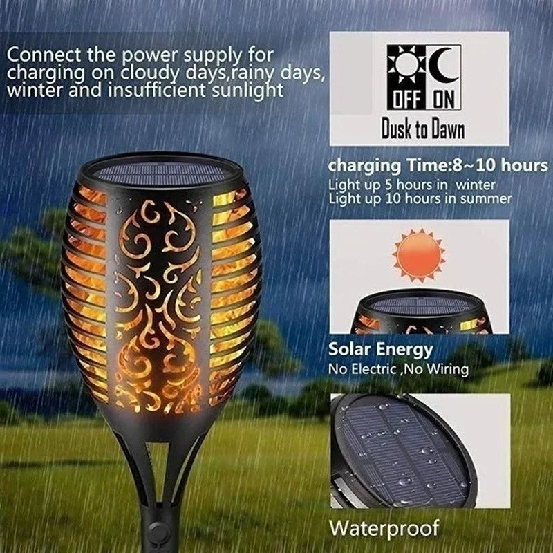 A black solar flame torch light is shown illuminating a decorative pattern outdoors.