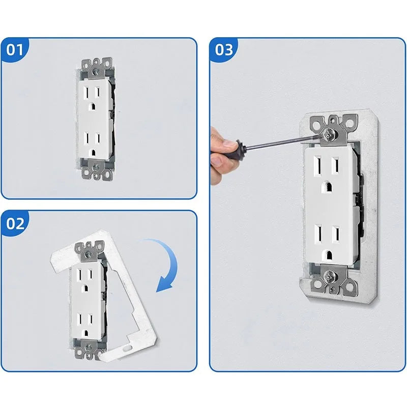 Three steps showing how to install a rust-proof flush mount outlet gasket for wall plates