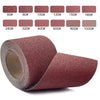 Rolls of reddish-brown aluminum oxide sandpaper for wood and metal with various shades displayed above.