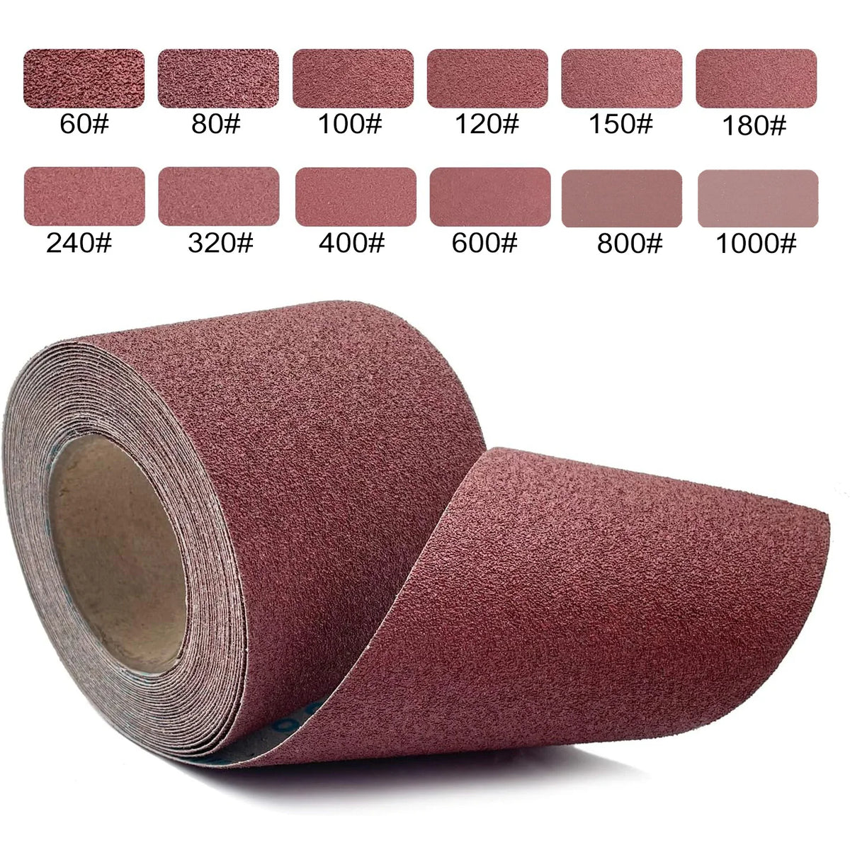 Rolls of reddish-brown aluminum oxide sandpaper for wood and metal with various shades displayed above.