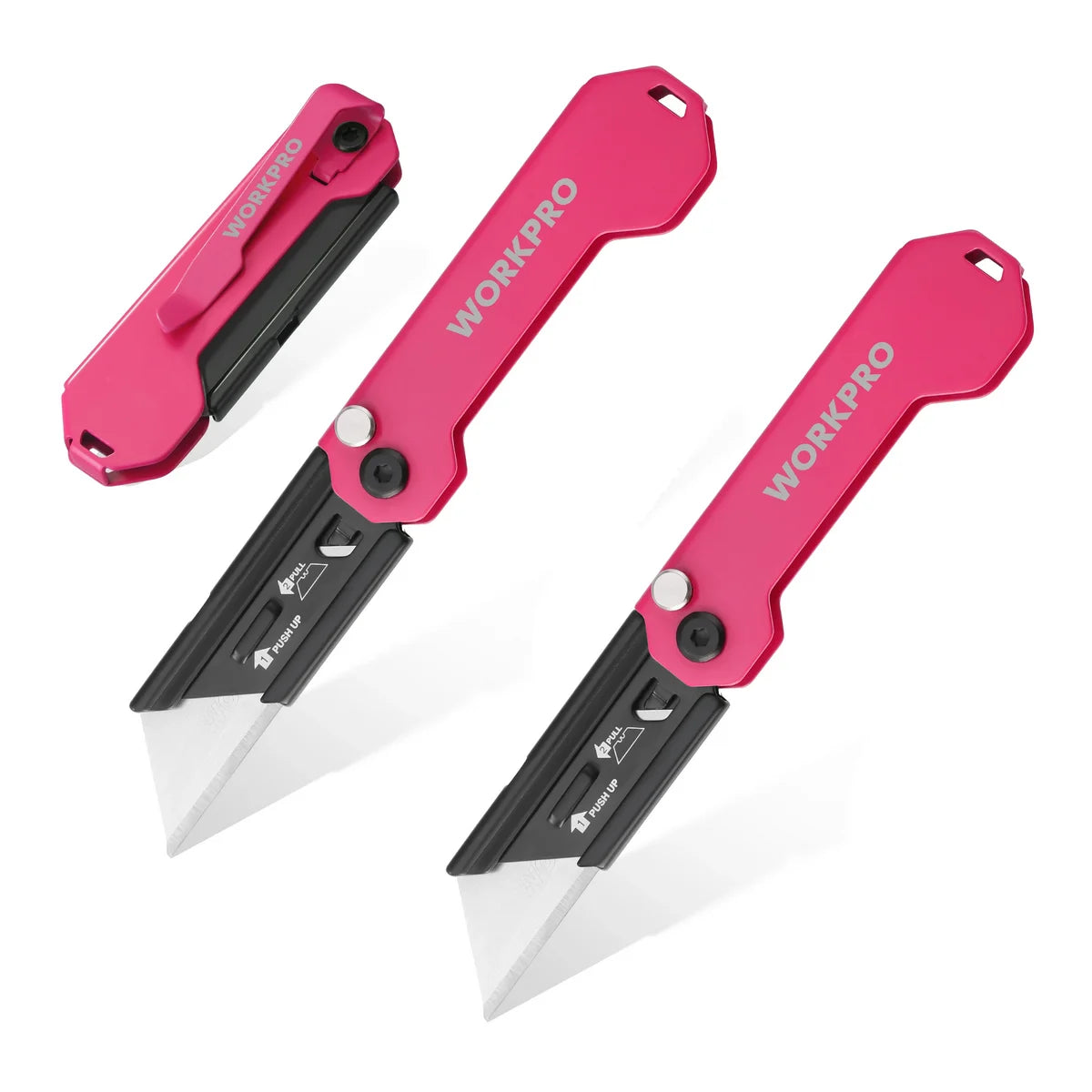 A set of three pink and black WorkPro folding utility knives shown from the side.