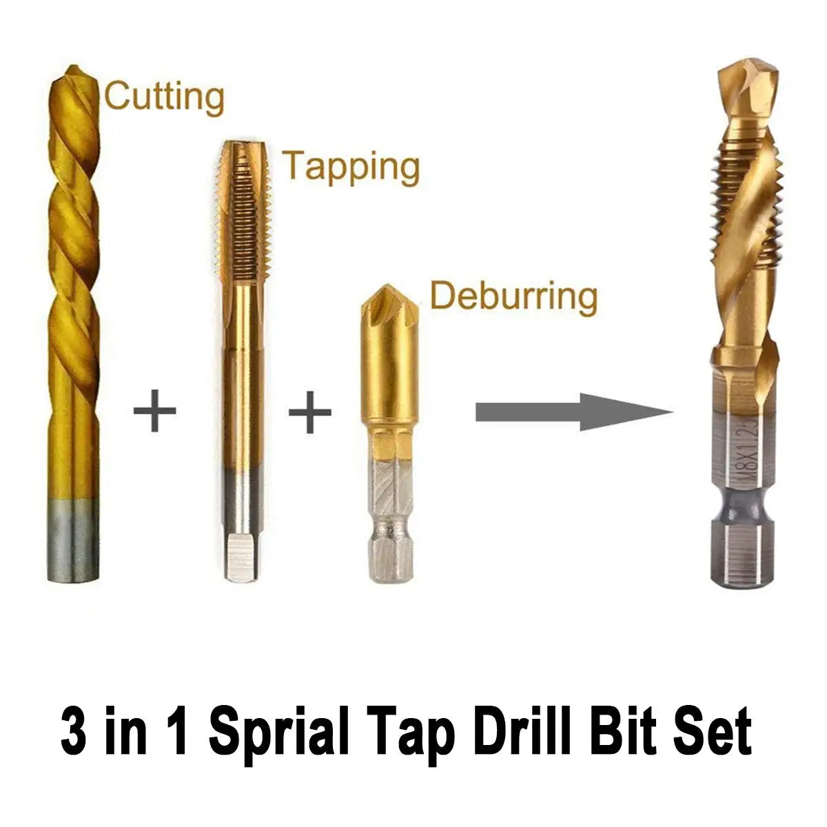 A set of three spiral tap drill bits shown with labels for cutting, tapping, and deburring functions.
