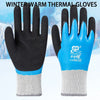 A pair of blue and black winter thermal gloves shown against a white background.