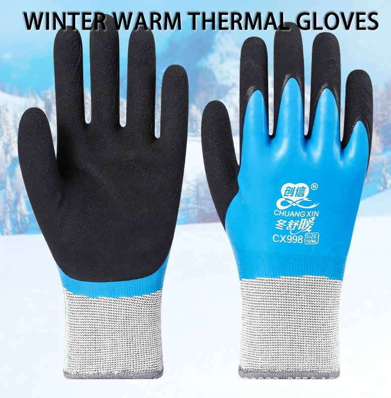 A pair of blue and black winter thermal gloves shown against a white background.