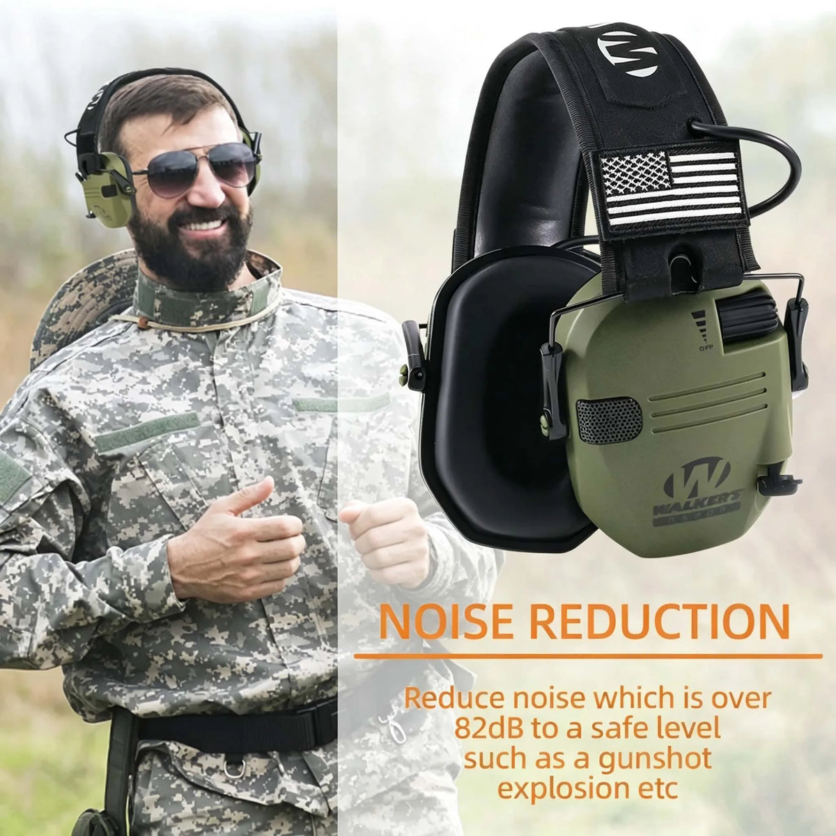 A military service member wearing professional noise reduction ear muffs with an American flag patch and voice amplification 