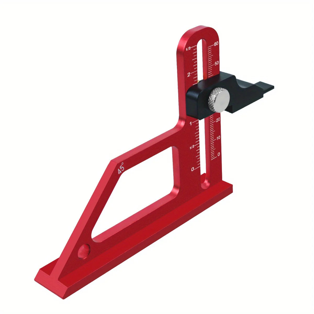A red precision depth gauge with a graduated scale and a black adjustment knob.