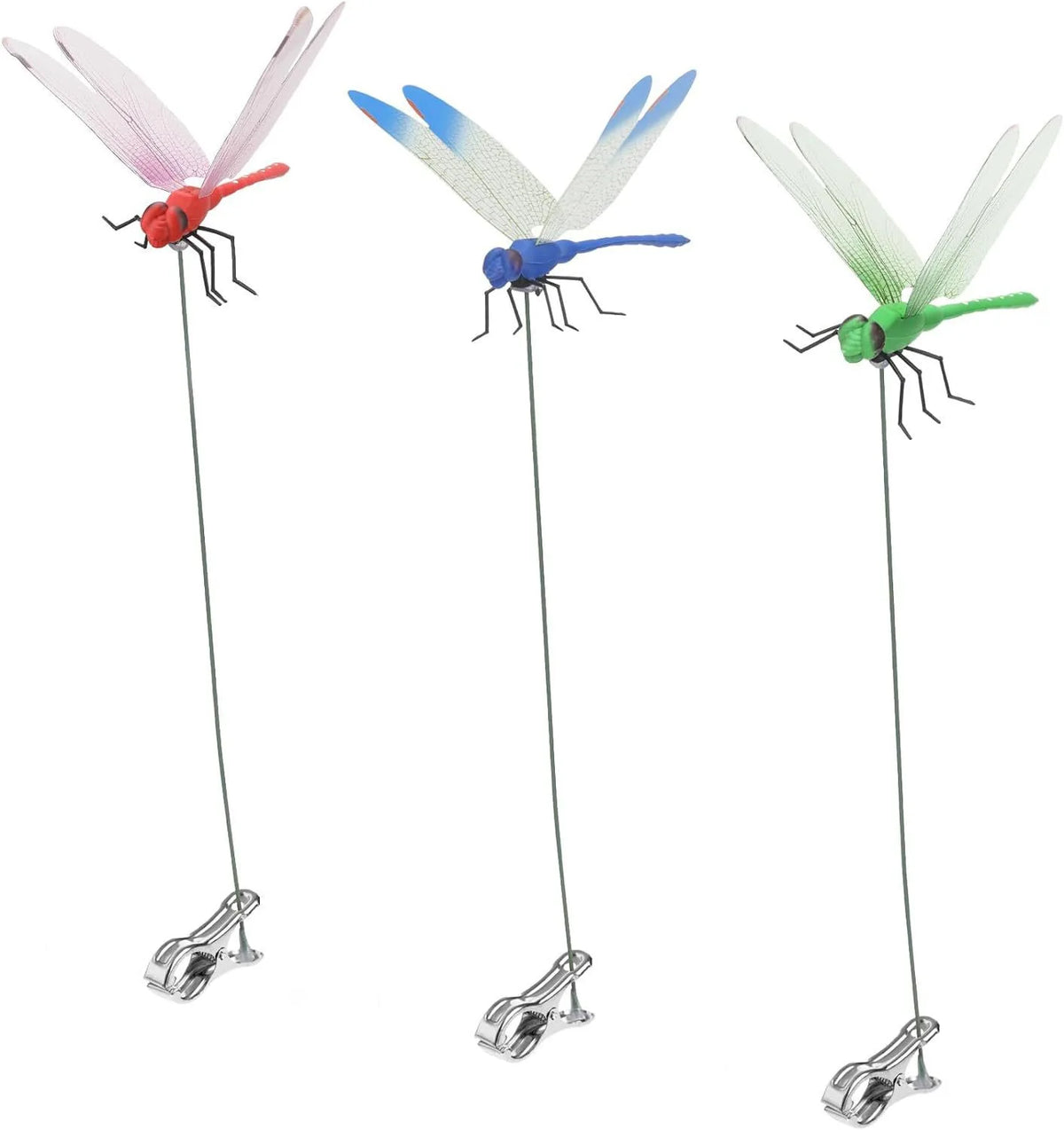Three colorful simulation dragonfly clips with long wires for outdoor decoration
