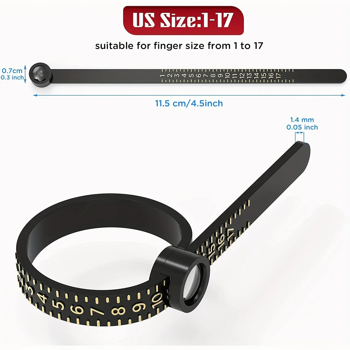 A black precision ring sizer with a magnifying strip and a ruler scale for measuring finger size.
