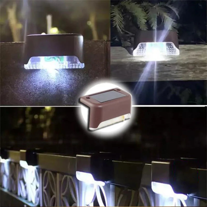 A set of solar LED step lights illuminating outdoor paths and walkways.