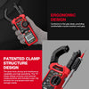 A hand holds a red digital clamp meter with a black grip, demonstrating its ergonomic design and patented clamp structure.