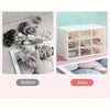 Before and after comparison of a 4-piece multi-compartment drawer organizer for jewelry and accessories.