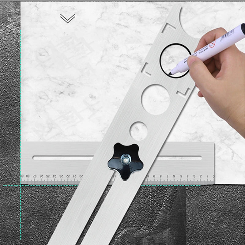 A hand uses a marker to point on an adjustable tile and drill locator tool placed over a ruler.