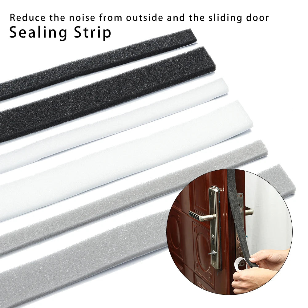 Various types of self-adhesive foam weather stripping tape shown in a row with a close-up of its application on a sliding doo