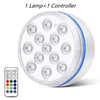 Lampe submersible LED ronde pour piscine et son télécommande.