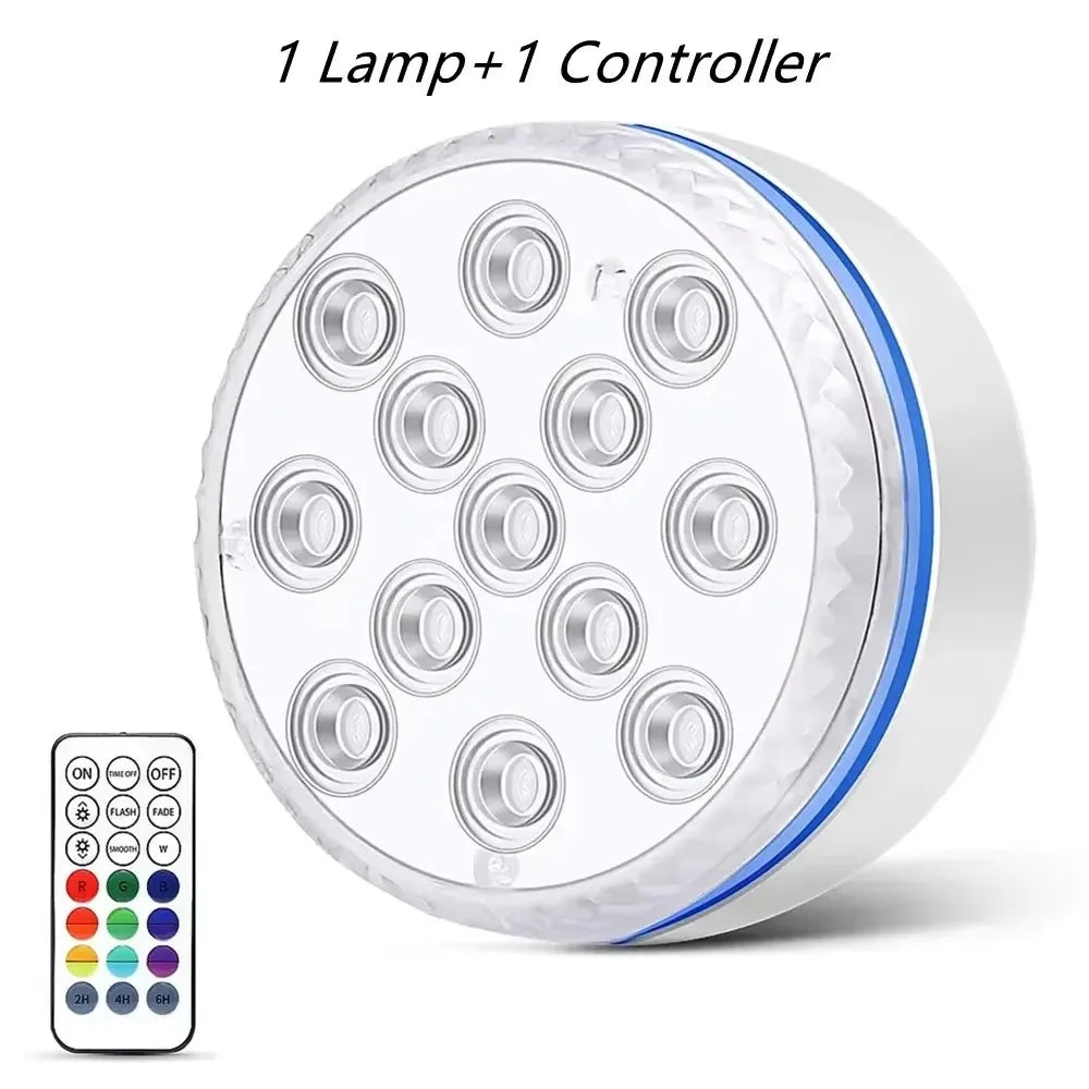 Lampe submersible LED ronde pour piscine et son télécommande.
