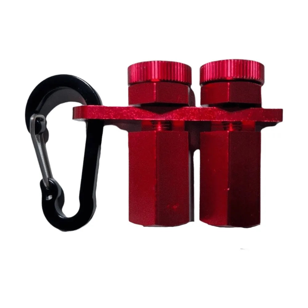 A red precision stair gauge framing square with two cylindrical measuring components and a black hook.