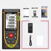 A black SDWAY SW-M120 laser distance meter and tape measure with accessories displayed on a white background.