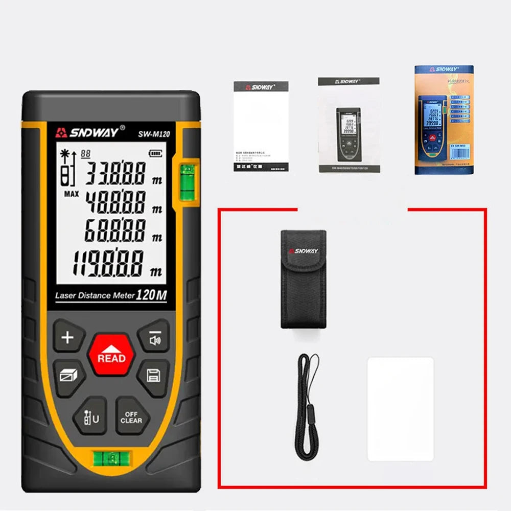 A black SDWAY SW-M120 laser distance meter and tape measure with accessories displayed on a white background.