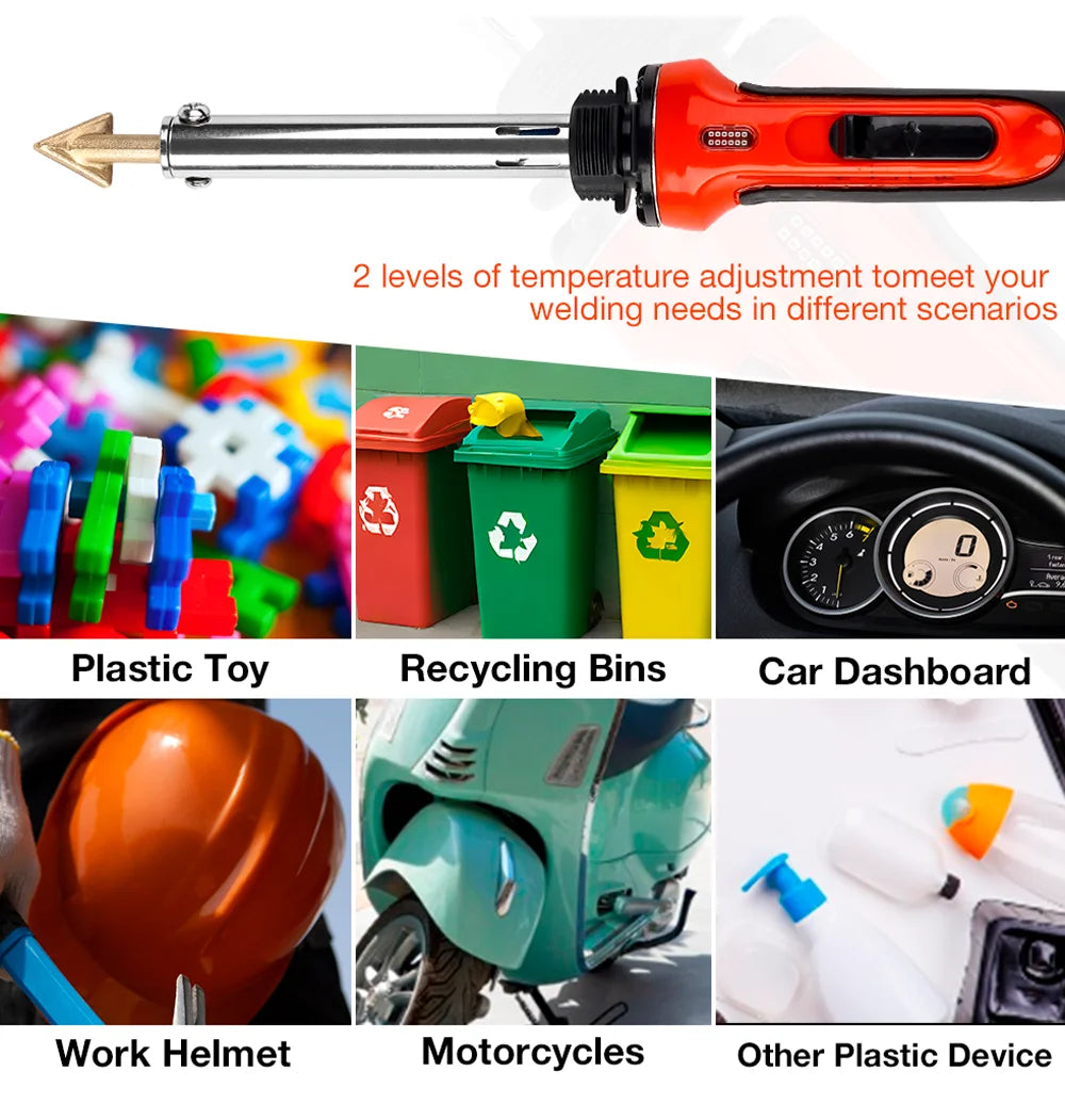 A professional soldering iron tool used for temperature adjustment in various scenarios like plastic toys, recycling bins, an