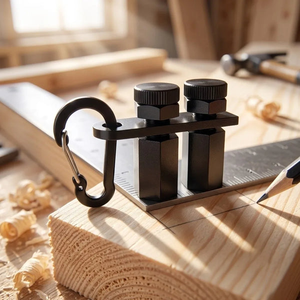 A precision stair gauge framing square with a black clamp and multiple measuring blocks rests on a wooden surface.