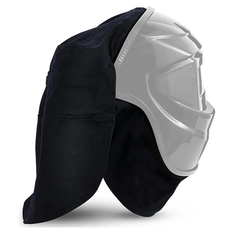 Schwarze geschweißte Schutzhelm- und Schürzen-Set mit klarem Visier von der Seite.